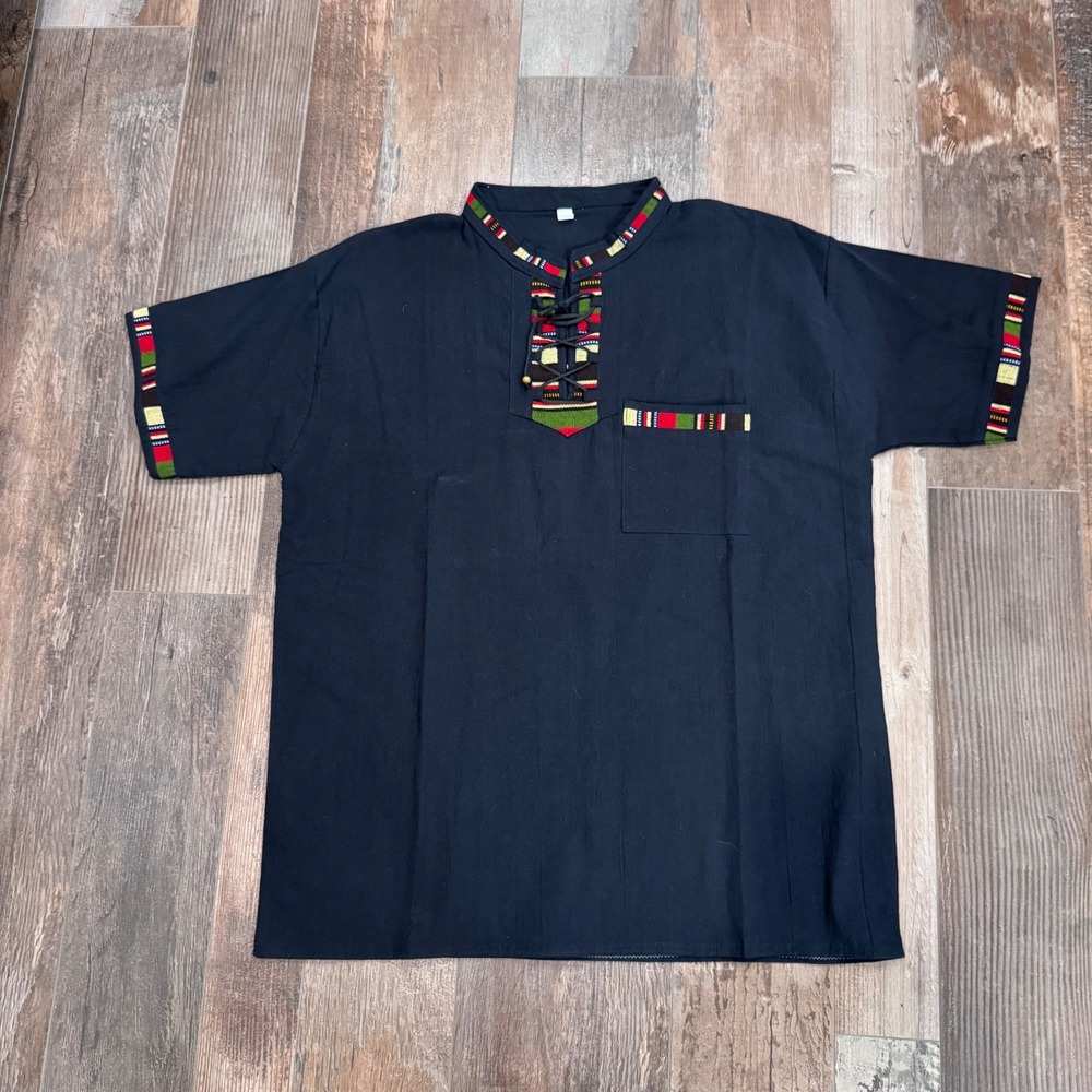 Guatemala Artisan Woven Trim Lace Up Shirt Mens XL Black Short Sleeve Ethnic Top